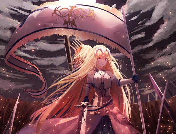 Anime-Bild 4000x3042 mit fate (series) fate/grand order artoria pendragon (all) saber jeanne d'arc (fate) (all) jeanne d'arc (fate) momingie highres short hair blonde hair multiple girls looking away absurdres sky cloud (clouds) very long hair back to back girl 2 girls armor