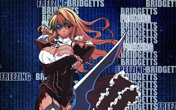 Anime picture 1920x1200 with freezing satellizer el bridget long hair highres breasts blue eyes light erotic blonde hair wide image large breasts inscription torn clothes girl weapon eyepatch