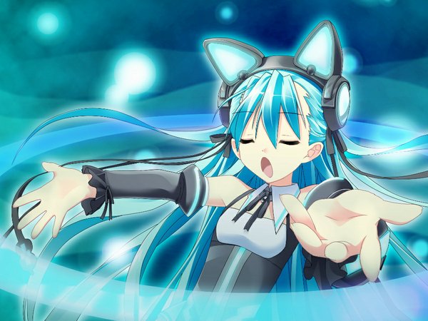 Anime picture 1024x768 with pikopiko ~koisuru kimochi no nemuru basho~ nana (pikopiko) himukai kyousuke single long hair open mouth bare shoulders animal ears blue hair game cg eyes closed cat ears girl detached sleeves headphones cat ear headphones