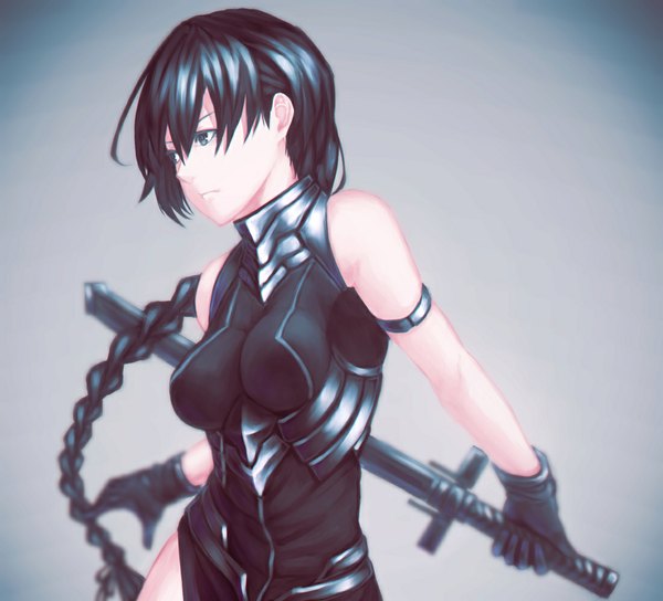 Anime picture 1100x999 with original mstm single long hair black hair looking away braid (braids) grey eyes depth of field single braid girl gloves weapon sword black gloves leotard