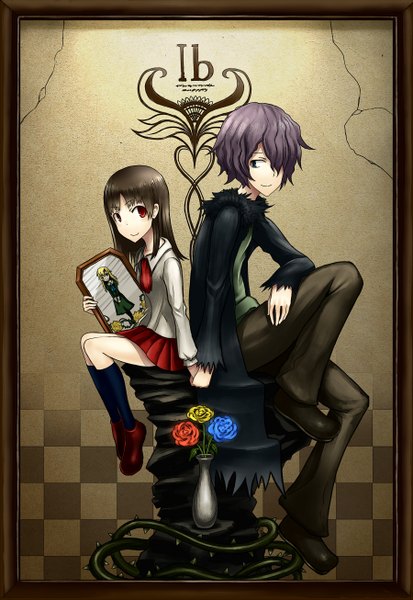 Anime picture 900x1306 with ib (game) garry (ib) mary (ib) gia tall image fringe highres short hair smile red eyes brown hair looking away purple hair hair over one eye holding hands checkered girl boy flower (flowers) socks
