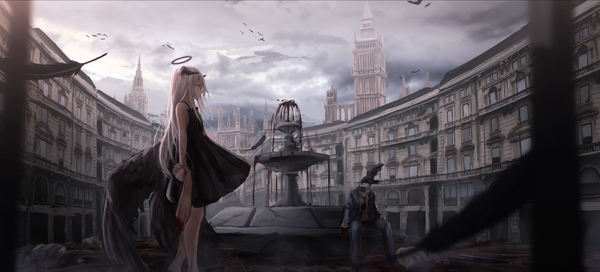 Anime picture 2107x957 with original kinome noi long hair highres wide image standing bare shoulders payot looking away sky cloud (clouds) profile horn (horns) wind depth of field sleeveless city cityscape angel wings angel