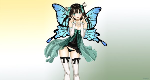 Anime picture 4000x2150 with tony taka single long hair blush highres open mouth light erotic black hair wide image green eyes absurdres victory vector insect wings butterfly wings girl thighhighs dress underwear panties