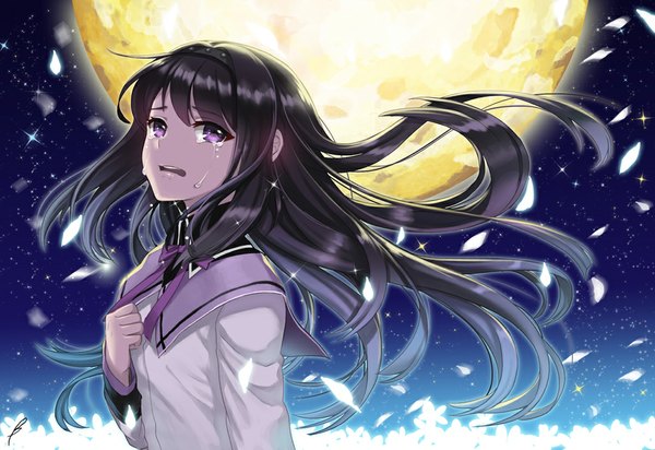 Anime picture 1028x706 with mahou shoujo madoka magica shaft (studio) akemi homura briska single long hair open mouth black hair purple eyes signed looking away night tears crying girl petals hairband moon full moon