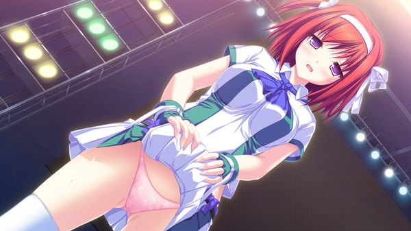 Anime picture 1920x1080 with maikaze no melt tsubaki nazuna tenmaso highres short hair open mouth light erotic wide image purple eyes game cg red hair skirt lift girl thighhighs underwear panties white thighhighs