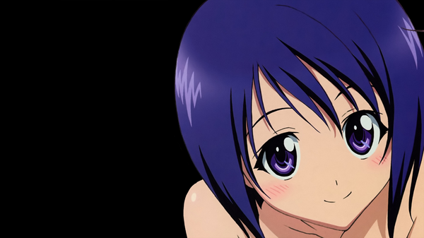 イラスト 1920x1080 と とらぶる xebec sairenji haruna 前髪 highres 短い髪 笑顔 wide image 紫目 purple hair black background close-up 女の子
