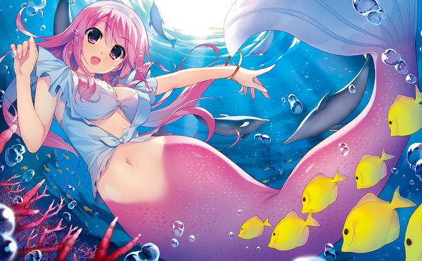 Anime picture 1280x793 with hatsuru koto naki mirai yori meltyna fumio (ura fmo) single long hair looking at viewer fringe open mouth light erotic wide image pink hair game cg pink eyes from below outstretched arm underwater girl navel animal bracelet