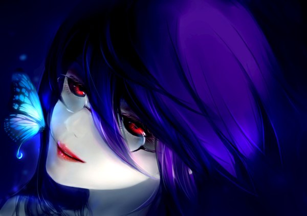 Anime picture 2480x1748 with tokyo ghoul studio pierrot kamishiro rize xiao ren single long hair looking at viewer fringe highres smile red eyes purple hair parted lips head tilt lips pale skin smirk black sclera girl glasses