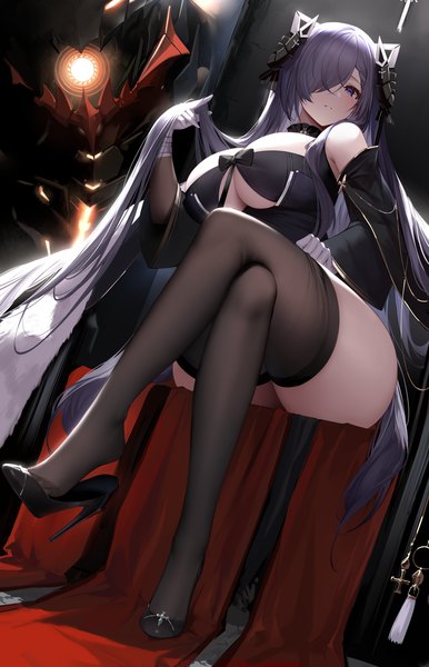 Anime picture 2000x3111 with azur lane august von parseval (azur lane) an yasuri single long hair tall image looking at viewer blush fringe highres breasts light erotic large breasts sitting purple eyes bare shoulders purple hair full body bent knee (knees) arm up