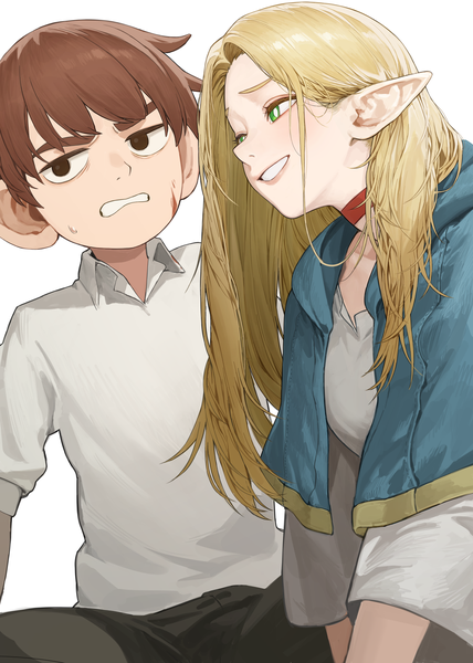 Anime picture 4424x6208 with dungeon meshi studio trigger marcille donato chilchuck tims marse (rokudaime) long hair tall image highres short hair simple background blonde hair smile brown hair white background green eyes looking away absurdres pointy ears black eyes grin
