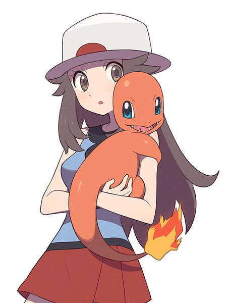 Anime picture 750x1000 with pokemon nintendo charmander blue (pokemon) agata (agatha) long hair tall image looking at viewer simple background brown hair standing white background holding brown eyes sleeveless gen 1 pokemon girl hat pokemon (creature)