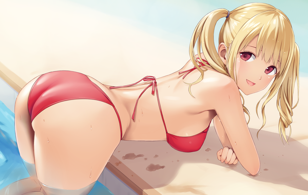 Anime picture 4100x2600 with original n.g. single long hair blush fringe highres breasts open mouth light erotic blonde hair smile red eyes large breasts twintails absurdres outdoors ass :d shadow