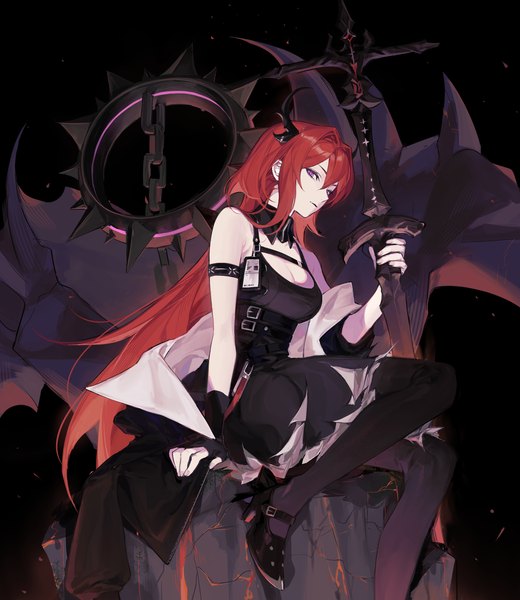 Anime picture 2850x3289 with arknights surtr (arknights) crimsonknigh t single long hair tall image looking at viewer fringe highres hair between eyes sitting purple eyes cleavage red hair horn (horns) girl dress weapon pantyhose sword
