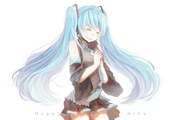 Anime picture 1192x800 with vocaloid hatsune miku single long hair simple background white background twintails bare shoulders eyes closed aqua hair girl skirt detached sleeves necktie