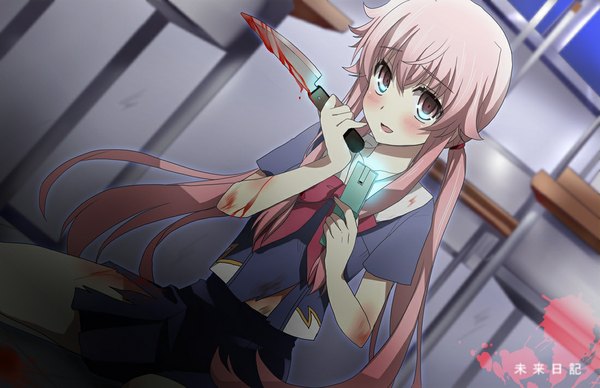 Anime picture 1100x712 with mirai nikki gasai yuno kurot single long hair blush open mouth smile sitting twintails pink hair pink eyes torn clothes girl skirt uniform weapon school uniform blood knife