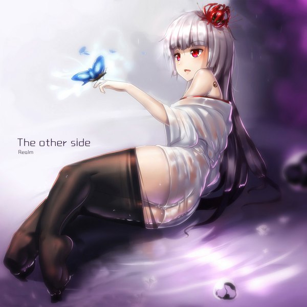 Anime picture 1147x1147 with original hk (hak) single long hair blush open mouth light erotic smile red eyes bare shoulders silver hair inscription tattoo on side wet clothes butterfly on hand girl thighhighs black thighhighs water