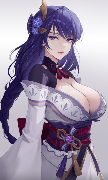 Anime picture 1133x1886 with genshin impact raiden shogun yoyayogurt single long hair tall image looking at viewer fringe breasts light erotic simple background standing purple eyes cleavage purple hair blunt bangs braid (braids) traditional clothes japanese clothes hair flower