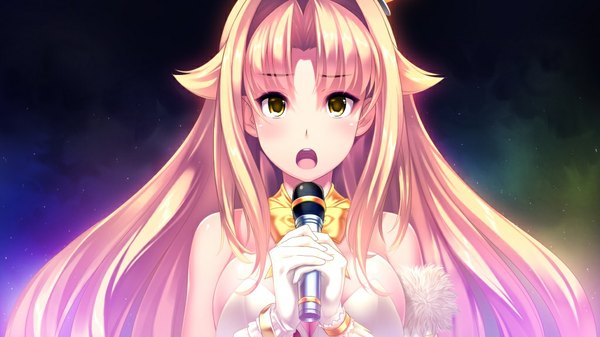 イラスト 1024x576 と d-eve in you yusa shoko 長髪 開いた口 金髪 wide image 黄色眼 game cg 女の子 マイク