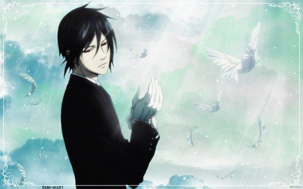 Anime picture 1920x1200 with kuroshitsuji a-1 pictures sebastian michaelis single highres short hair black hair red eyes wide image sky sunlight butler boy gloves animal bird (birds) feather (feathers) suit pigeon
