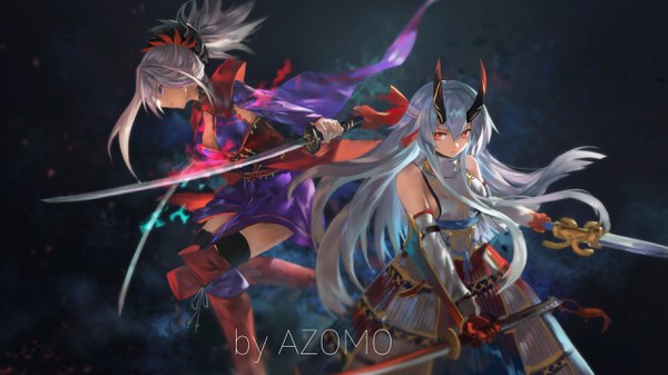 Anime-Bild 2560x1440 mit fate (series) fate/grand order miyamoto musashi (fate) tomoe gozen (fate) azomo long hair fringe highres breasts smile hair between eyes red eyes wide image purple eyes multiple girls holding signed looking away silver hair bent knee (knees)