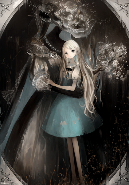 Anime picture 700x1000 with original asahiro single long hair tall image looking at viewer signed white hair grey eyes girl dress flower (flowers) plant (plants) frills rose (roses) insect butterfly white rose