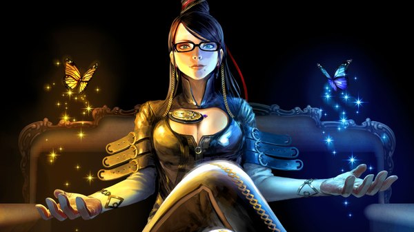 Anime-Bild 1920x1080 mit bayonetta bayonetta (character) royxiii single long hair highres blue eyes black hair wide image sitting open clothes mole open shirt girl ribbon (ribbons) hair ribbon earrings glasses insect butterfly
