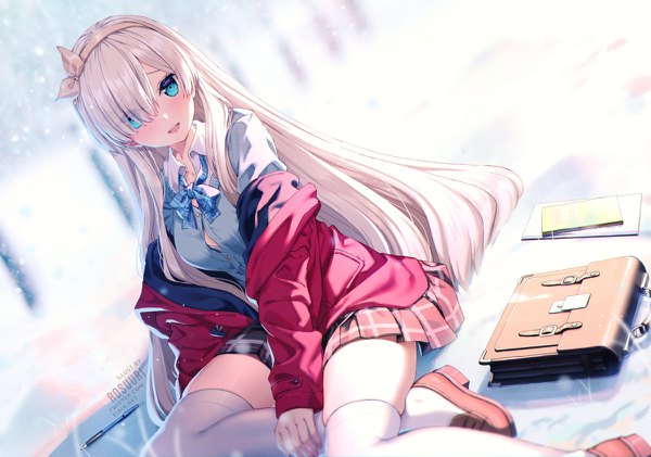 Anime picture 1200x842 with fate (series) fate/grand order anastasia (fate) rosuuri single long hair looking at viewer blush fringe breasts open mouth blue eyes light erotic sitting signed silver hair bent knee (knees) outdoors long sleeves :d