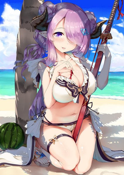 Anime picture 870x1230 with granblue fantasy narmaya (granblue fantasy) narmaya (summer) (granblue fantasy) kasappi single long hair tall image blush fringe breasts light erotic large breasts purple eyes cleavage purple hair horn (horns) pointy ears hair over one eye beach draph