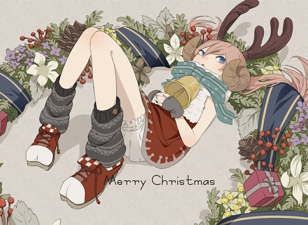 Anime picture 1050x765 with original himano (artist) single long hair blush open mouth blue eyes twintails pink hair lying nail polish horn (horns) inscription grey background shadow christmas interlocked fingers merry christmas girl dress