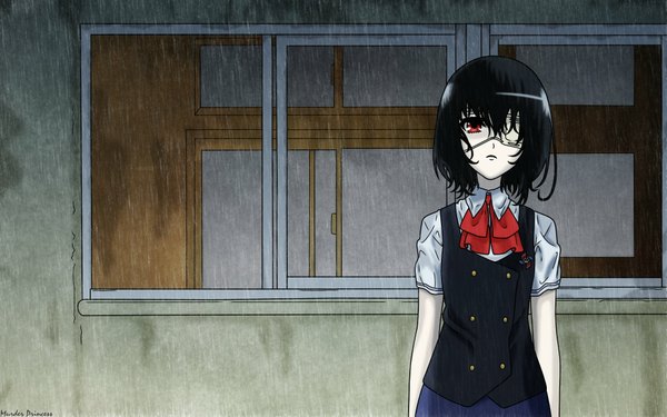 Anime picture 1920x1200 with another p.a. works misaki mei mprincess single highres short hair black hair red eyes wide image rain girl uniform school uniform window eyepatch
