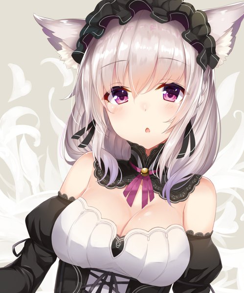 Anime picture 1360x1636 with original virtual youtuber note takehana takehana note (vtuber) takehana note single tall image looking at viewer blush fringe short hair breasts open mouth hair between eyes large breasts purple eyes bare shoulders animal ears payot cleavage