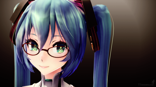 Anime picture 1920x1080 with vocaloid vocaloid append hatsune miku hatsune miku (append) single long hair blush highres wide image twintails green eyes light smile aqua hair close-up bespectacled girl hair ornament glasses