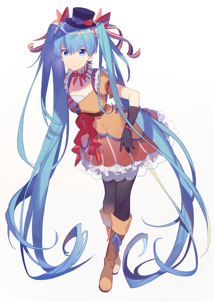 Anime picture 1000x1407 with vocaloid hatsune miku ennui heiwa miku heiwa (murasiho) single tall image looking at viewer fringe blue eyes simple background hair between eyes standing white background twintails blue hair full body very long hair leaning leaning forward girl