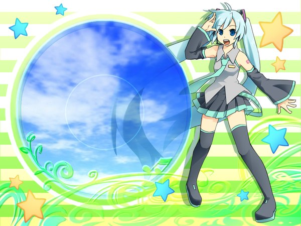 Anime picture 1600x1200 with vocaloid hatsune miku aisora long hair highres blue eyes twintails blue hair very long hair girl thighhighs skirt detached sleeves necktie headset