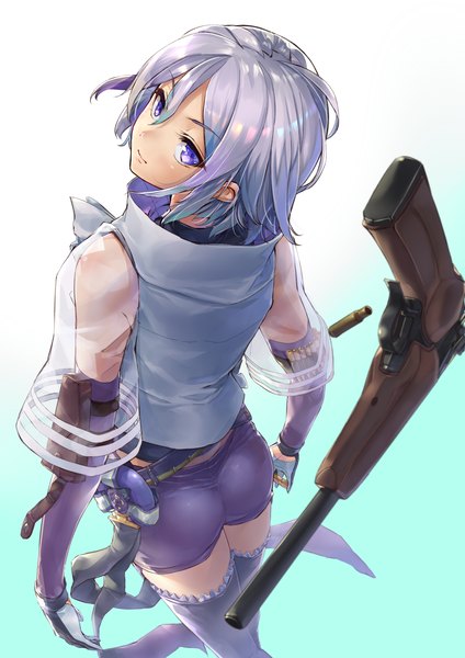 Anime picture 1600x2264 with girls frontline contender (girls' frontline) potato tacos single tall image looking at viewer fringe short hair light erotic simple background hair between eyes standing white background purple eyes holding silver hair ass head tilt looking back from behind