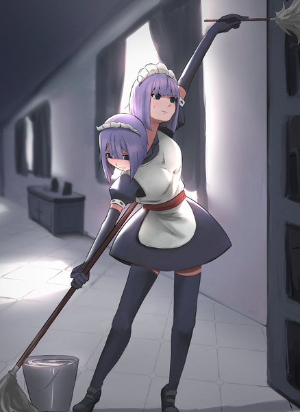 Anime picture 1460x2000 with original mellonbollar single tall image fringe short hair hair between eyes standing holding purple hair full body blunt bangs arm up black eyes short sleeves maid zettai ryouiki siamese twins girl thighhighs
