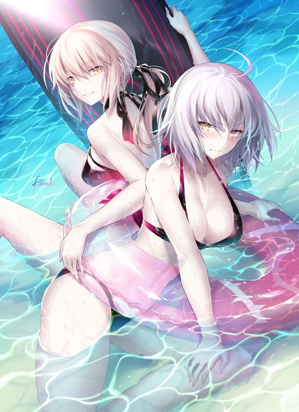 Anime picture 700x962 with fate (series) fate/grand order artoria pendragon (all) jeanne d'arc (fate) (all) jeanne d'arc alter (fate) saber alter kousaki rui long hair tall image looking at viewer blush fringe short hair light erotic blonde hair smile hair between eyes multiple girls signed yellow eyes