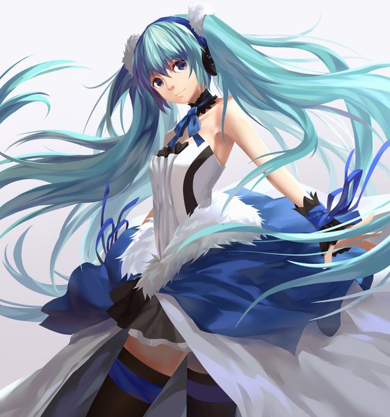 Anime picture 1049x1122 with 7th dragon vocaloid hatsune miku lightofheaven single tall image looking at viewer blue eyes simple background white background twintails very long hair aqua hair girl thighhighs dress black thighhighs headphones