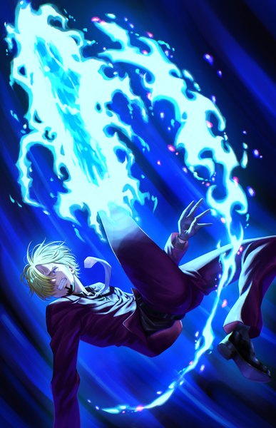 Anime picture 2894x4485 with one piece toei animation sanji mary is mine single tall image fringe highres short hair blonde hair looking away full body hair over one eye clenched teeth kick boy gloves black gloves necktie suit