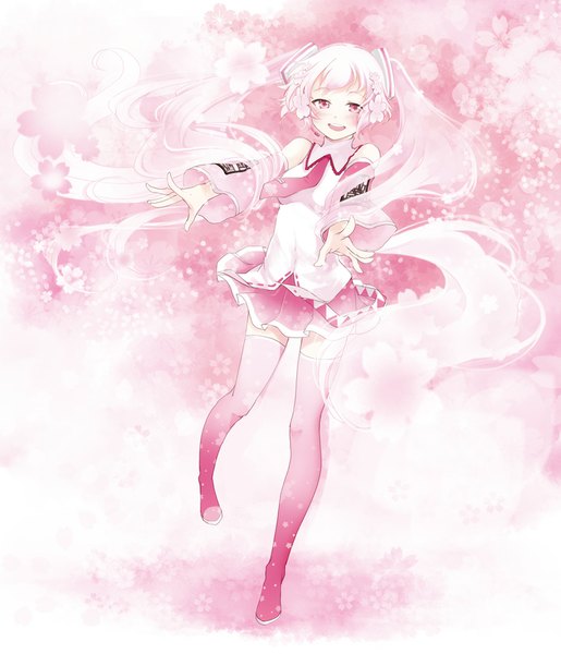 Anime picture 939x1093 with vocaloid hatsune miku sakura miku miyabi akino single tall image looking at viewer blush fringe open mouth twintails bare shoulders pink hair very long hair pink eyes spread arms pink background girl flower (flowers) detached sleeves
