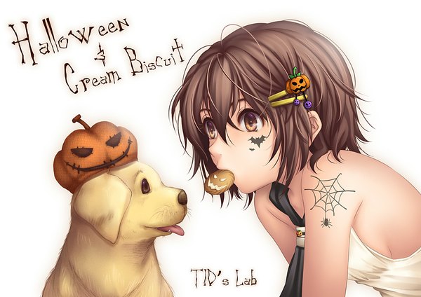 Anime picture 1000x707 with original tidsean short hair simple background brown hair white background bare shoulders brown eyes signed inscription tattoo halloween girl hair ornament animal food sweets hairclip dog