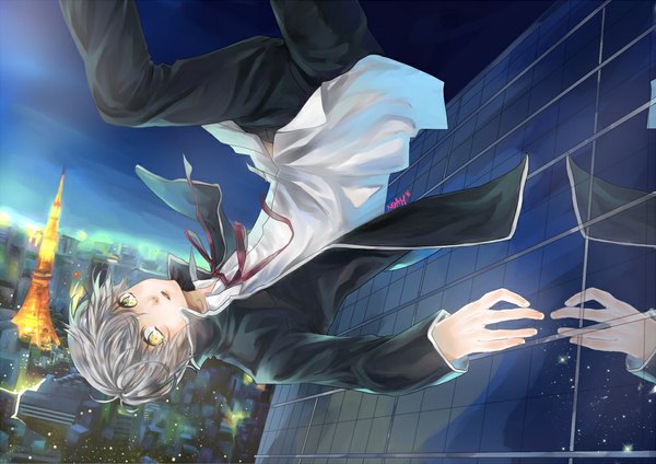 Anime picture 1000x708 with k-project gohands (studio) yashiro isana short hair open mouth yellow eyes sky grey hair city reflection cityscape city lights falling boy star (stars) suit