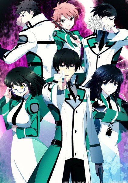 Anime picture 842x1200 with mahouka koukou no rettousei shiba miyuki shiba tatsuya shibata mizuki erika chiba long hair tall image short hair open mouth blue eyes black hair multiple girls yellow eyes pink hair black eyes multiple boys girl dress boy uniform