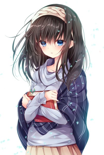 Anime picture 551x820 with idolmaster idolmaster cinderella girls sagisawa fumika nogi takayoshi single long hair tall image blush fringe breasts blue eyes black hair simple background hair between eyes white background holding looking away upper body pleated skirt wind