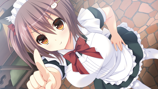 Anime picture 1280x720 with lautes alltags kasahara himari sorai shin'ya single looking at viewer blush breasts wide image twintails brown eyes animal ears game cg from above cat ears short sleeves hand on hip looking up angry pointing waitress