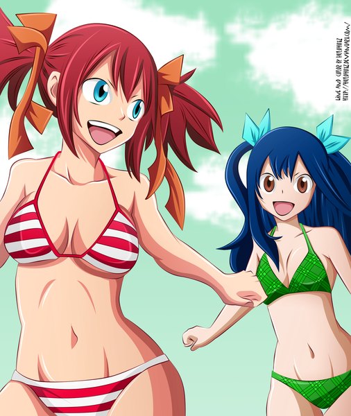 Anime picture 1836x2178 with fairy tail wendy marvell blendy shelia hulohotz long hair tall image highres short hair open mouth blue eyes smile multiple girls brown eyes blue hair sky cloud (clouds) red hair looking back coloring girl