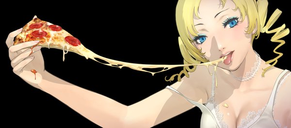 Anime picture 2000x884 with catherine (game) atlus catherine soejima shigenori single highres blue eyes blonde hair simple background wide image twintails lips official art drill hair black background short twintails eating eyeshadow curly hair girl