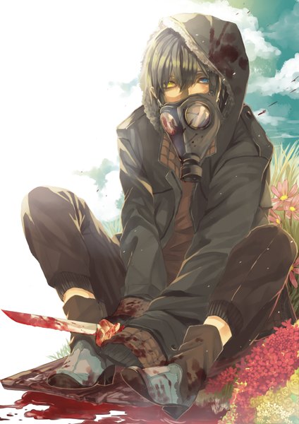 Anime picture 2480x3508 with original fasna single tall image looking at viewer fringe highres short hair blue eyes sitting holding yellow eyes sky cloud (clouds) open clothes open jacket high heels heterochromia dark hair boy