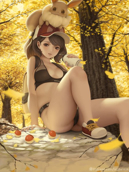 Anime picture 5623x7500 with pokemon pokemon (game) pokemon go nintendo eevee female protagonist (pokemon go) letdie1414 single long hair tall image looking at viewer blush fringe highres light erotic brown hair sitting brown eyes payot absurdres