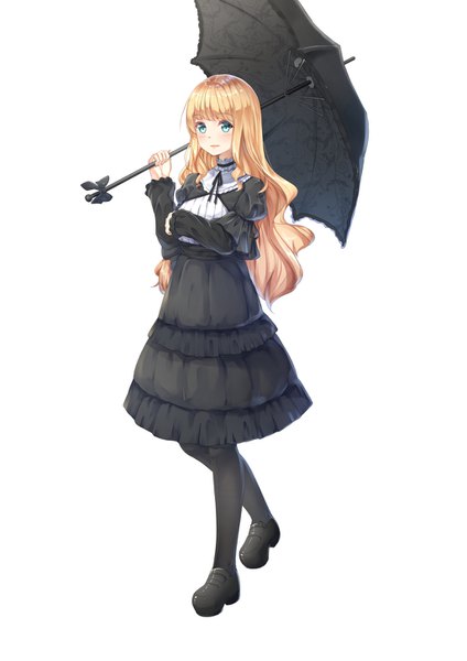 Anime picture 1025x1450 with original chahei single long hair tall image looking at viewer blush fringe blonde hair simple background standing white background holding payot full body bent knee (knees) blunt bangs long sleeves parted lips aqua eyes